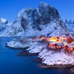 Norwegian fisherman’s cabins on the Lofoten at dawn in winter